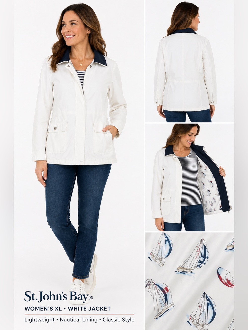 St. John’s Bay Women’s XL White‎ Lightweight Jacket Nautical Sailboat Lining Zip